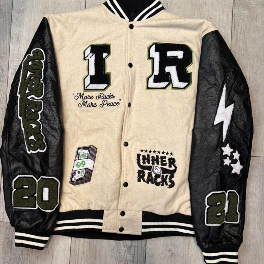 Cream and black Inner Racks varsity jacket men size xl‎